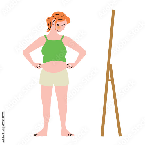太っているか鏡の前で確認する女性　