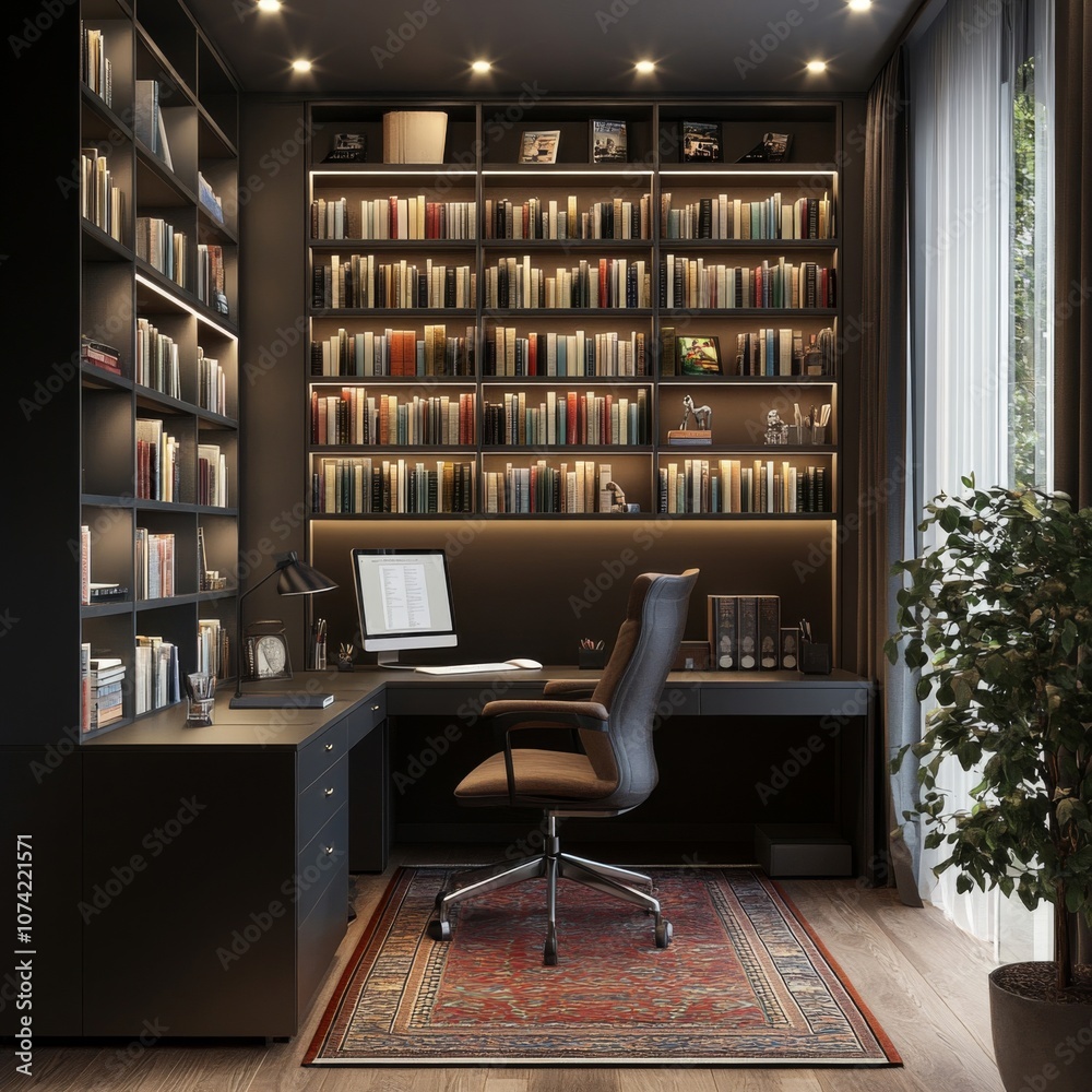 Modern Home Office with Built-in Bookcase and L-Shaped Desk Modern Home Office with Built-in Bookcase and L-Shaped Desk