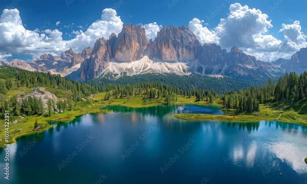 Stunning alpine landscape with a serene lake and majestic mountains under a blue sky. Stunning alpine landscape with a serene lake and majestic mountains under a blue sky.