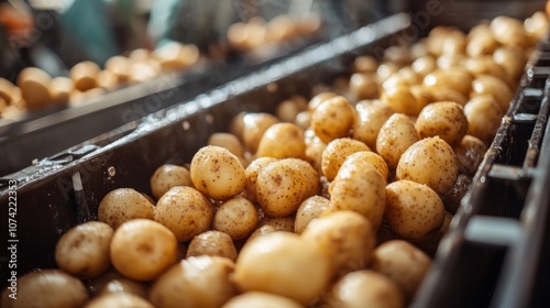 A close-up of potatoes moving along a conveyor belt in a processing plant.