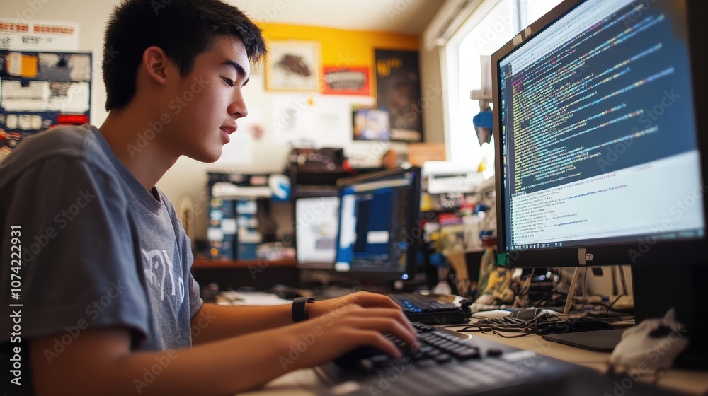 A student studying coding and programming at a computer, with multiple windows and coding tools open, A student studying coding and programming at a computer, with multiple windows and coding tools open,