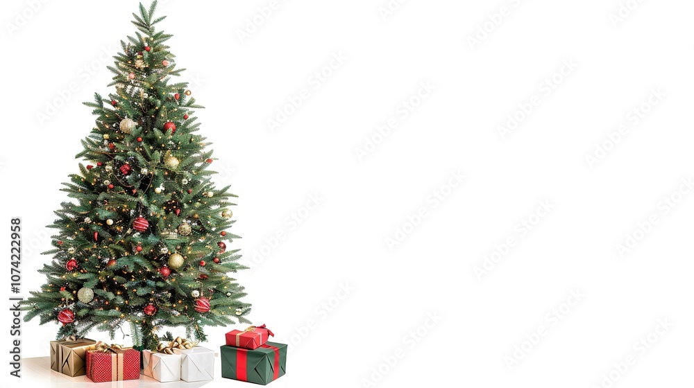 Christmas Tree with Presents Isolated on White Background - a festive and heartwarming visual. The Christmas tree with presents isolated on the white background creates a cheerful and inviting look. 