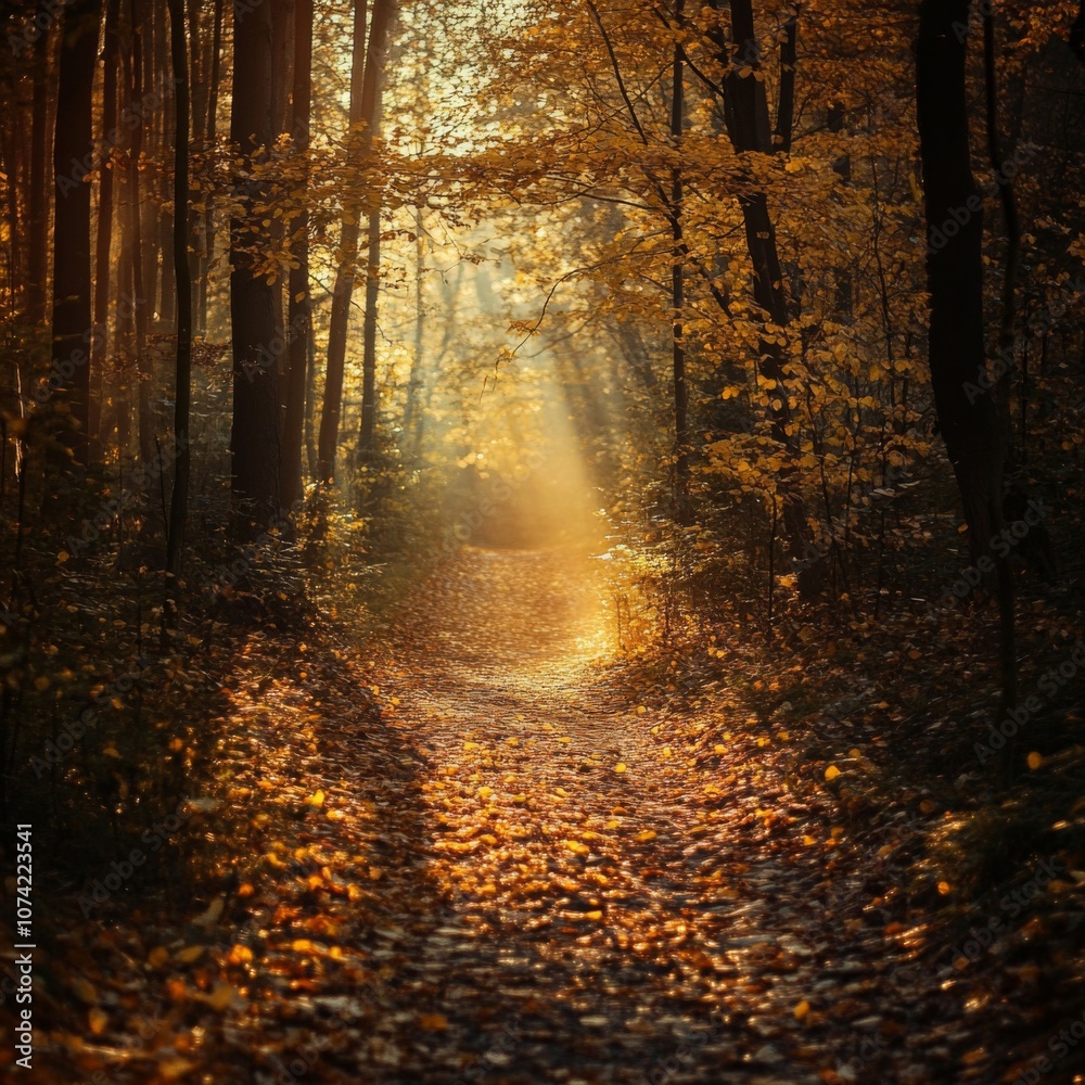 Obraz premium Sunlit Path Through Autumn Forest