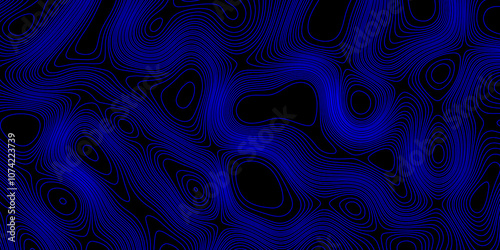 Luxury topographic wavy pattern and geographic grid map design mountain relief abstract lines background, contour maps vector illustration geometric blue wave curve lines texture black background.
