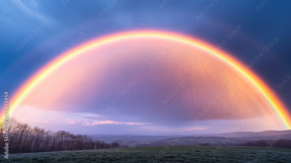 A vibrant rainbow arcs over a serene landscape after a rainstorm. A vibrant rainbow arcs over a serene landscape after a rainstorm.