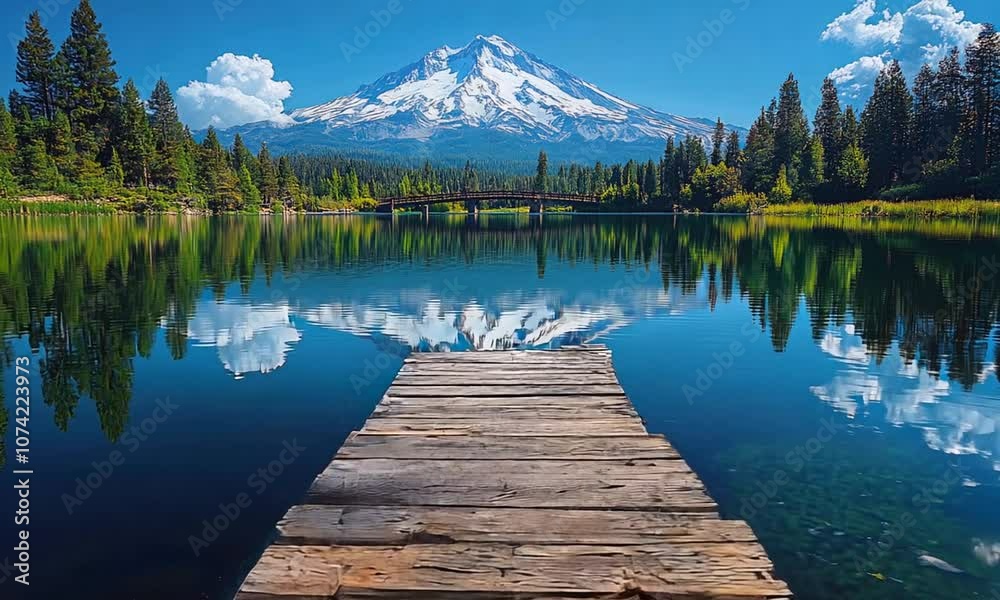 A serene lake reflecting a snow-capped mountain under a clear blue sky. A serene lake reflecting a snow-capped mountain under a clear blue sky.