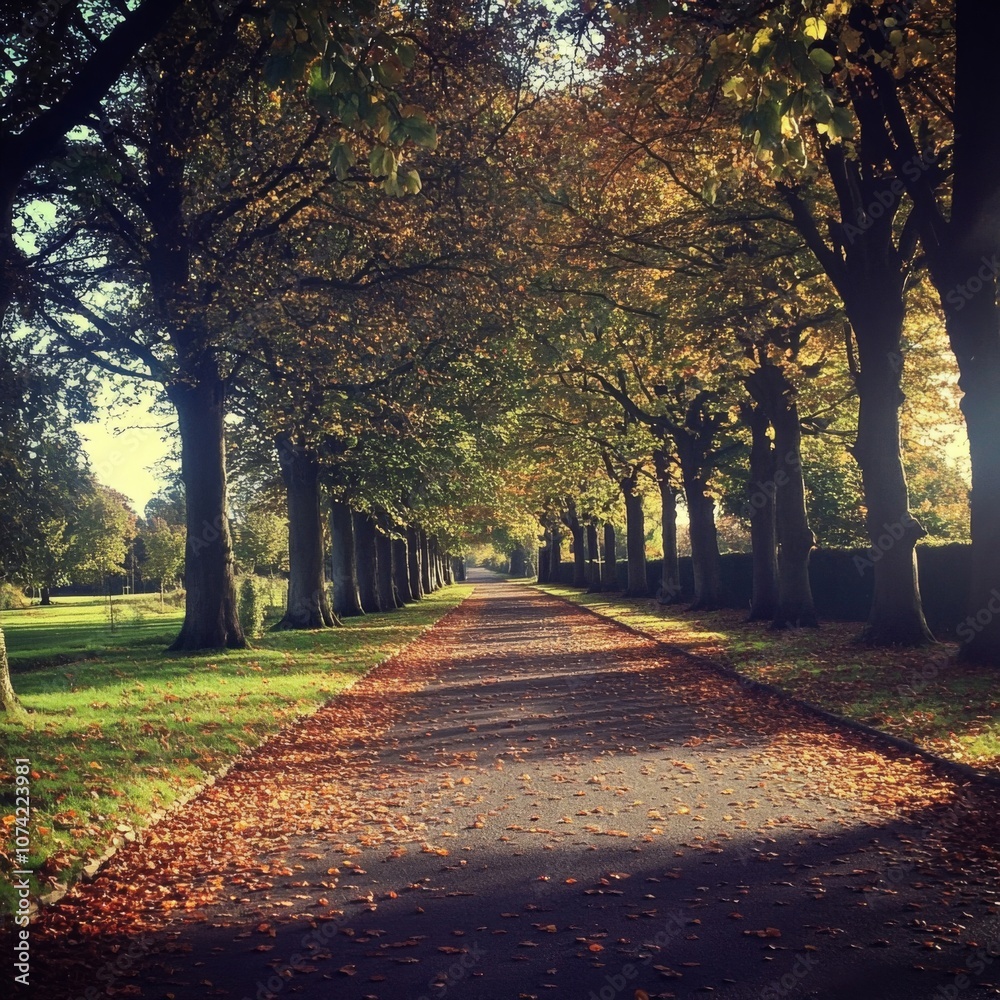 Naklejka premium Autumnal Pathway Lined with Trees