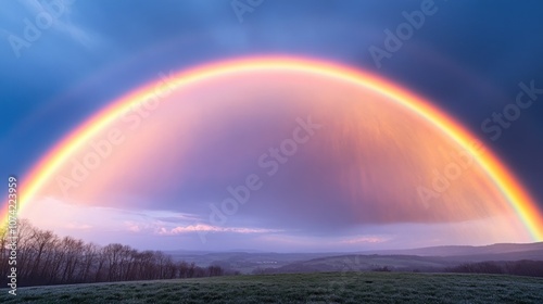 A vibrant rainbow arcs over a serene landscape after a rainstorm.