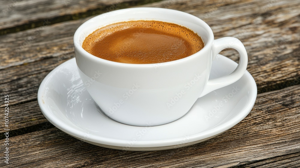 Freshly Brewed Espresso in White Cup on Wooden Table Freshly Brewed Espresso in White Cup on Wooden Table