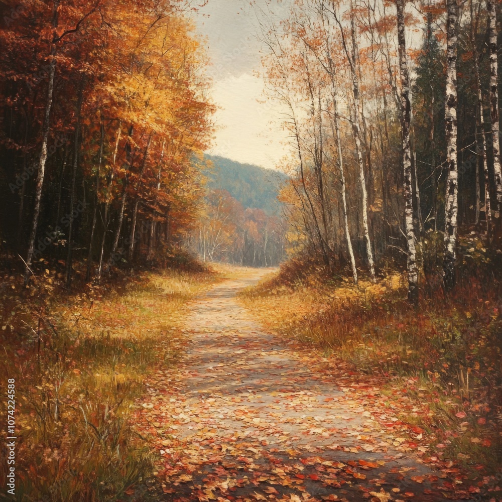 Fototapeta premium A Winding Forest Path with Autumn Leaves