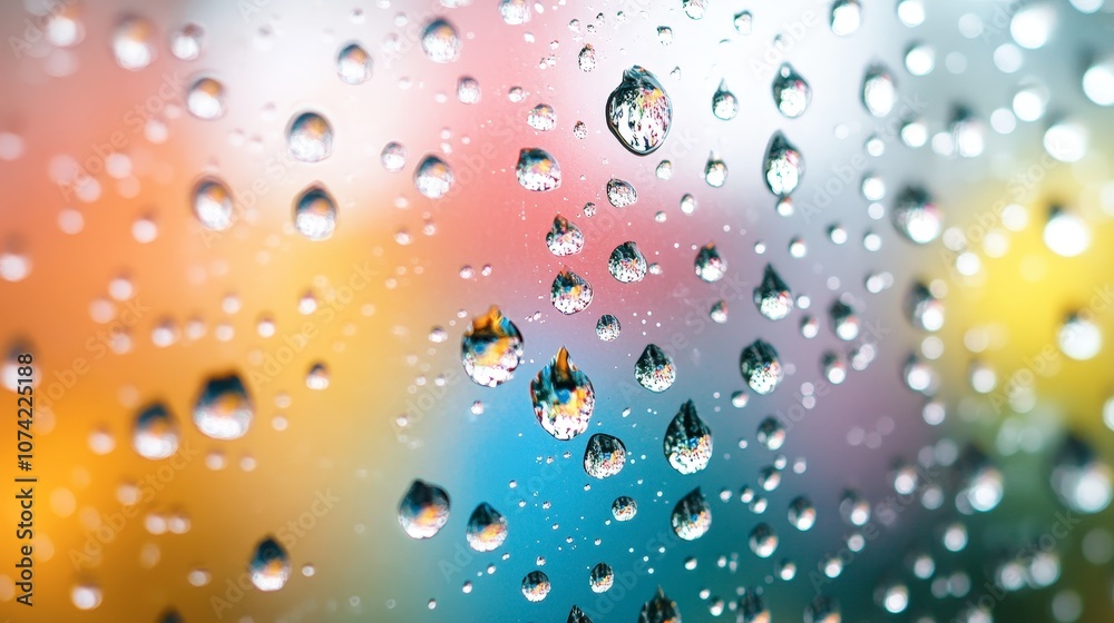 Close-up of Water Droplets Forming on a Transparent Surface with a Vibrant Multicolored Background Creating a Beautiful and Serene Abstract Effect Close-up of Water Droplets Forming on a Transparent Surface with a Vibrant Multicolored Background Creating a Beautiful and Serene Abstract Effect