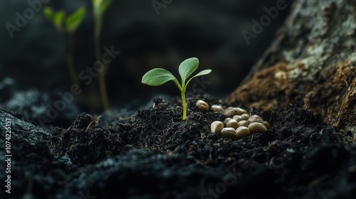 A tiny green sprout emerging from soil beside seeds, symbolizing transformation, resilience, and the beauty of growth