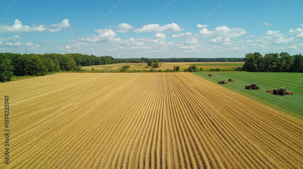 A vast, open farm stretching under a bright blue sky, with rows of crops growing in neat lines. A vast, open farm stretching under a bright blue sky, with rows of crops growing in neat lines.