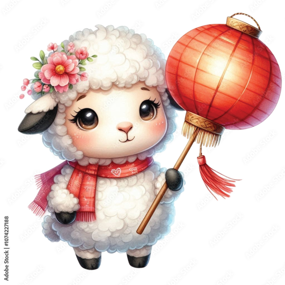 Fototapeta premium Cute sheep holding lanterns clipart watercolor