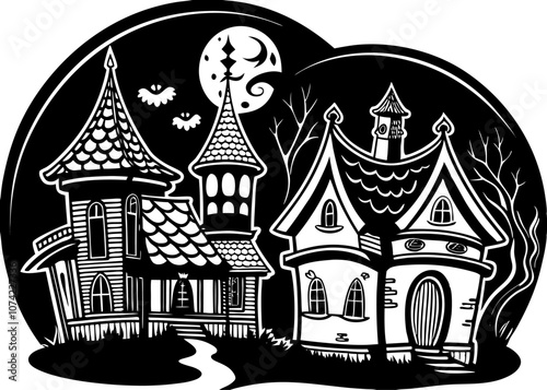 Spooky haunted mansion and mystic fairytale house: Halloween-themed vector coloring page for children - fantasy black and white contour illustration photo