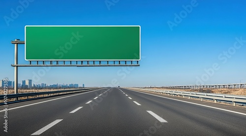 A blank green highway sign on a straight asphalt road with a city skyline in the background.