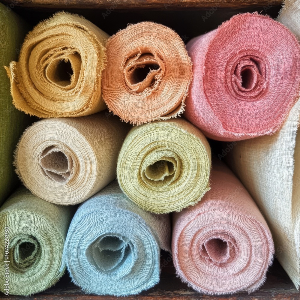A Row of Rolled Fabric Swatches in Pastel Colors A Row of Rolled Fabric Swatches in Pastel Colors