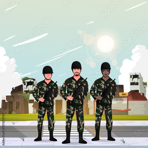 Vector illustration of soldiers in destroyed city buildings