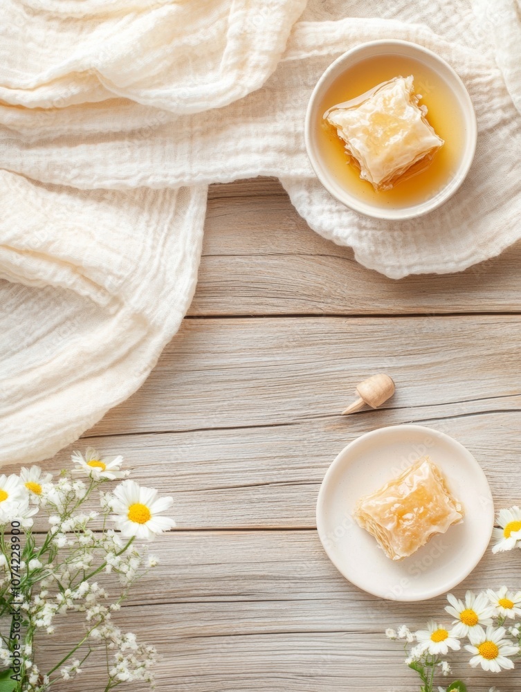 Rustic Baklava Flat Lay with Honey and Textured Fabrics Rustic Baklava Flat Lay with Honey and Textured Fabrics