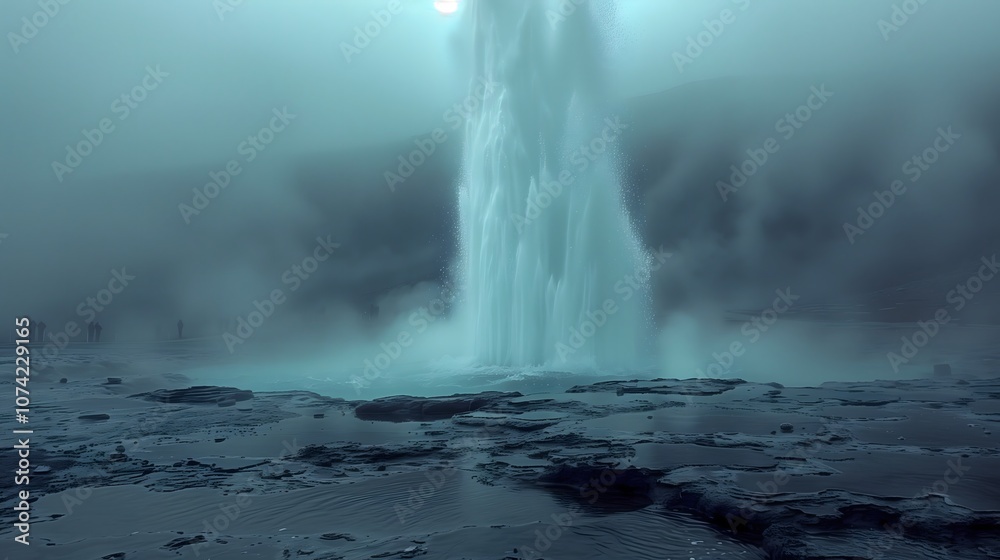 Obraz premium geyser erupts with a powerful fountain of water and steam, shooting them high into the air, surrounded by rocky terrain and fog