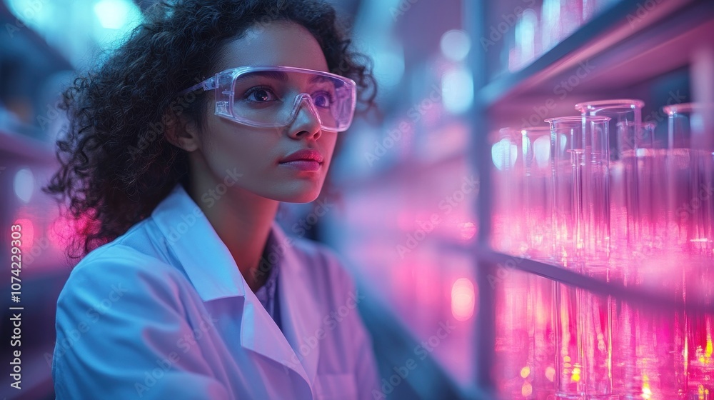 A scientist in a lab, surrounded by glowing test tubes. A scientist in a lab, surrounded by glowing test tubes.