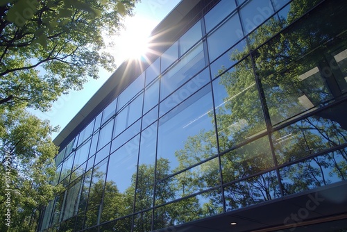 Modern building with glass facade reflecting the sun and trees.