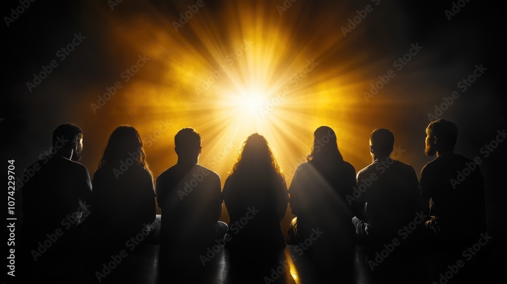 Silhouetted group bathed in golden light embracing a bright sunset horizon Silhouetted group bathed in golden light embracing a bright sunset horizon