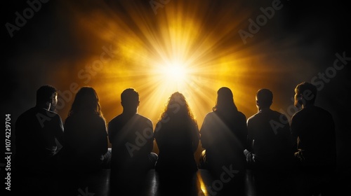 Silhouetted group bathed in golden light embracing a bright sunset horizon