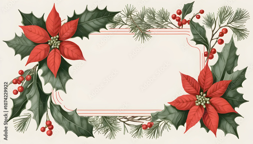 Beautiful holiday greeting card design featuring poinsettias and pine branches Beautiful holiday greeting card design featuring poinsettias and pine branches