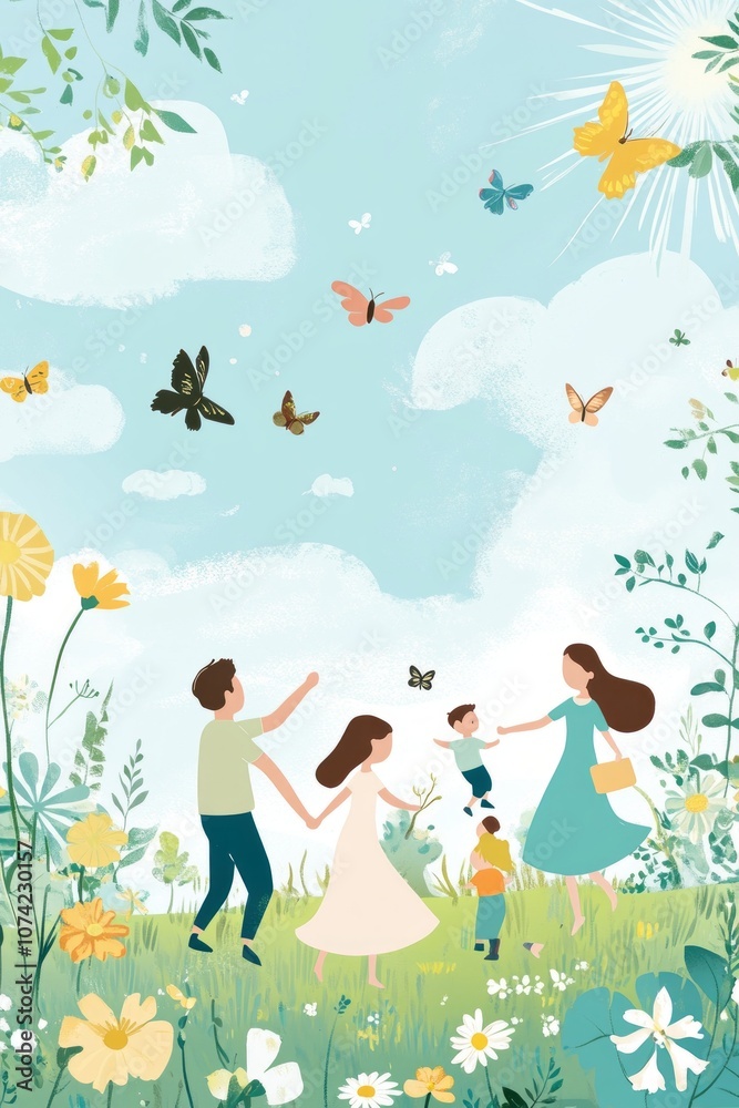 poster design for family event with family cartoon characters in light blue sky on grassland poster design for family event with family cartoon characters in light blue sky on grassland