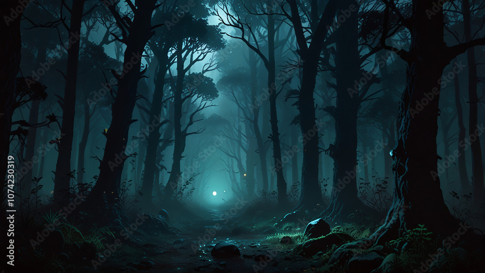 Fototapeta premium Eerie Glow Illuminates Path Through Dark, Misty Forest