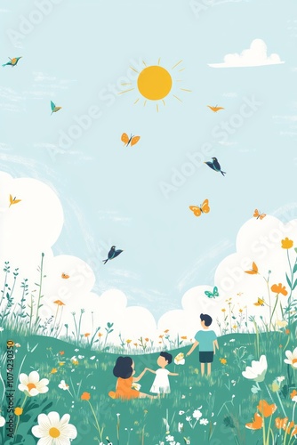 poster design for family event with family cartoon characters in light blue sky on grassland 