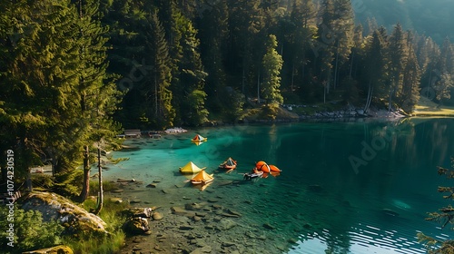 A group of campers is setting up tents made of recycled materials by a crystal-clear lake surrounded by forests.