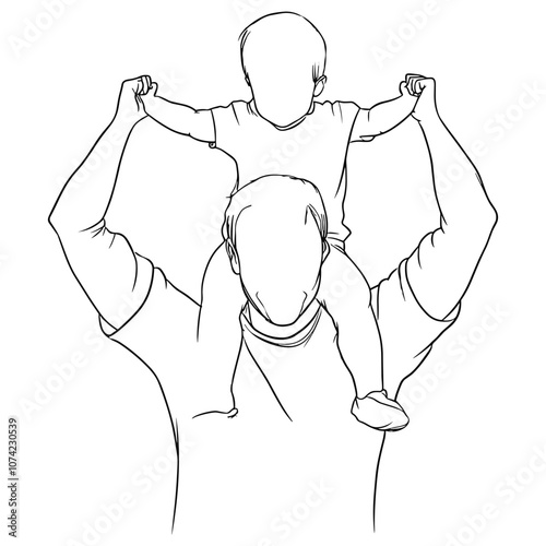 Parent Carrying Child on Shoulders in Minimalist Line Art