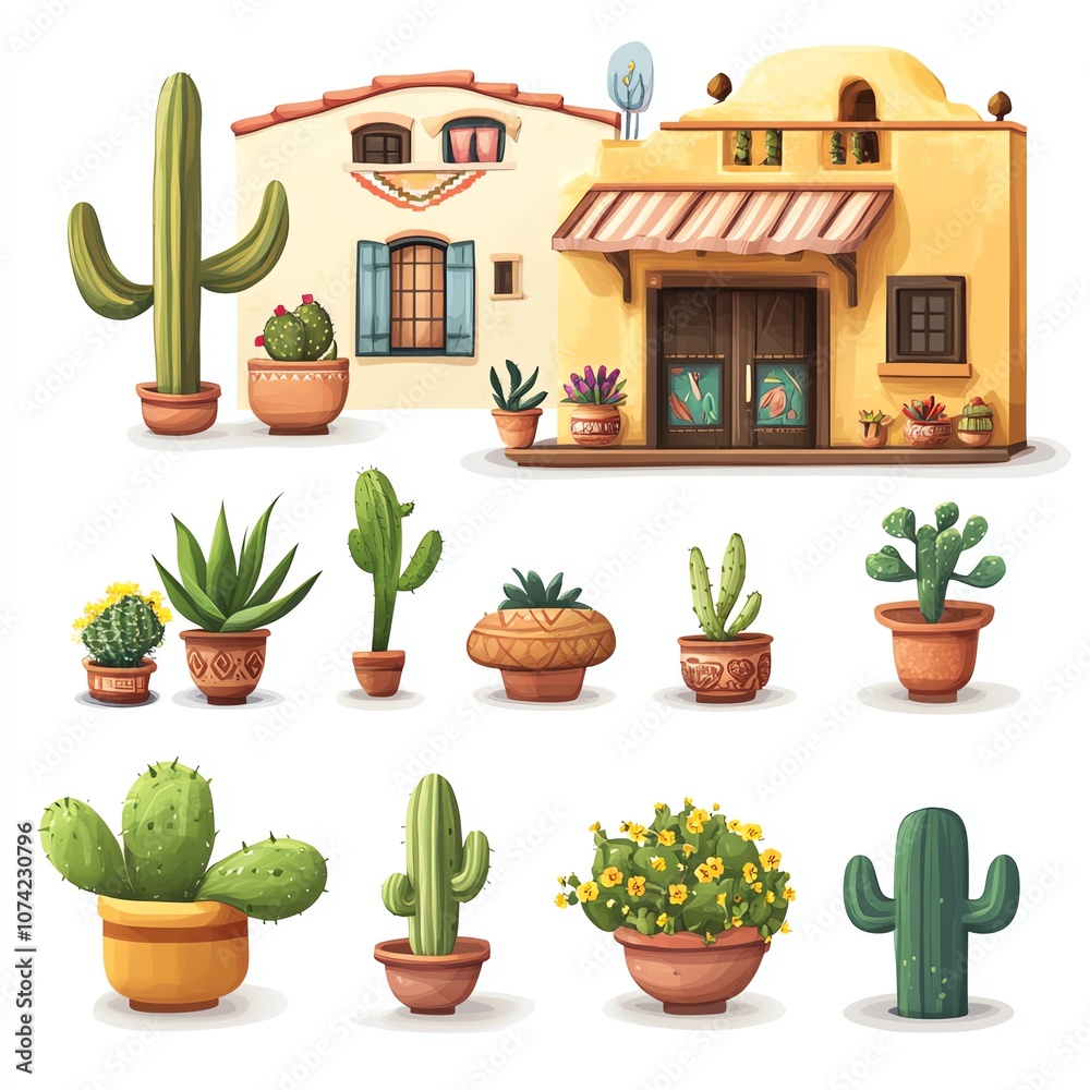 A charming collection of cacti and a colorful adobe house, perfect for illustrating desert landscapes and vibrant plant life. on a white background