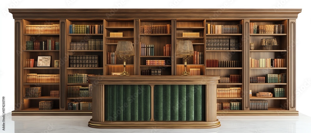 A beautifully crafted wooden bookshelf with a classic design filled with books, perfect for any study or library setting. on a white background A beautifully crafted wooden bookshelf with a classic design filled with books, perfect for any study or library setting. on a white background