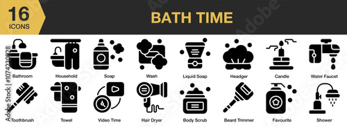 Bath Time solid icon set. Includes water faucet, wash, towel, toothbrush, soap, shower, and More. Solid icons vector collection.