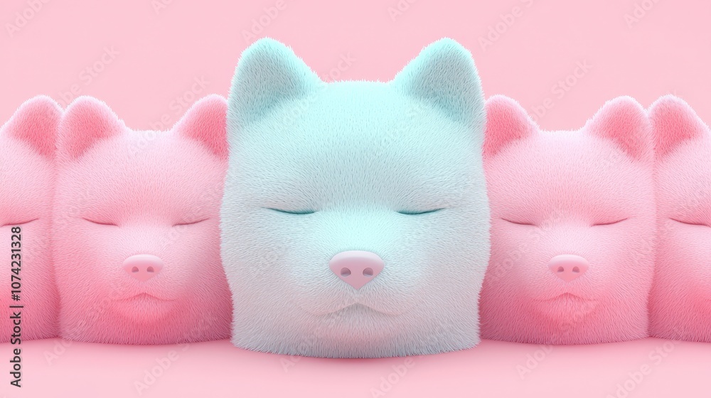 Cute Fluffy Animals Sleeping on Pink Background 3D Render Illustration Cute Fluffy Animals Sleeping on Pink Background 3D Render Illustration