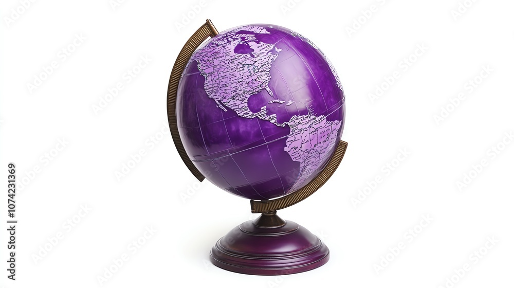 A vibrant purple globe showcasing the world's continents, perfect for educational projects and travel-themed visuals. on a white background A vibrant purple globe showcasing the world's continents, perfect for educational projects and travel-themed visuals. on a white background
