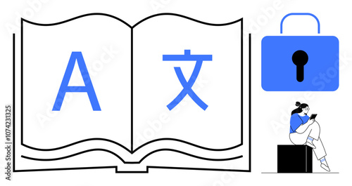 Open book displaying multilingual letters, secure lock symbol, person reading on device. Ideal for education, language studies, secure access, digital learning, technology, online privacy