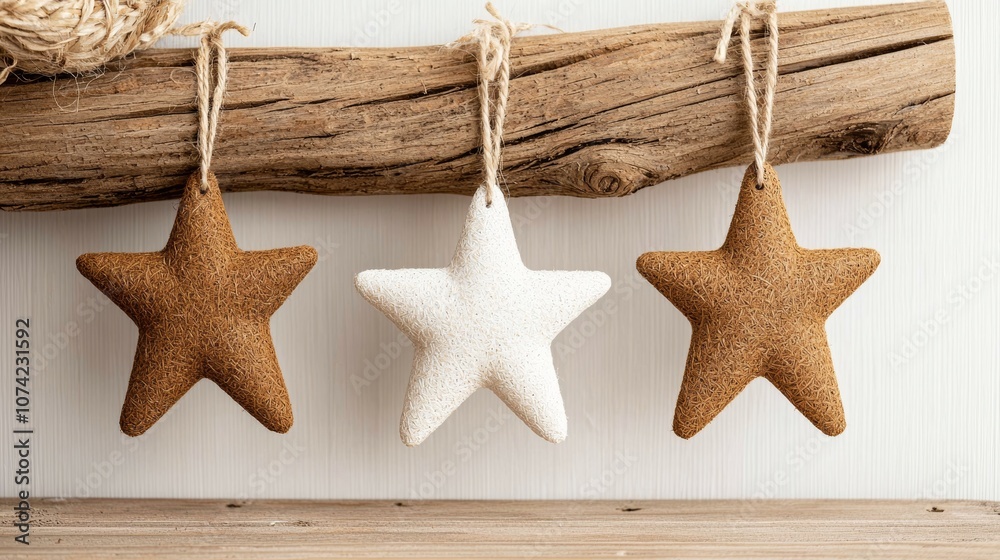 Decorative stars in natural tones hang from a wooden log, adding charm to any space. Decorative stars in natural tones hang from a wooden log, adding charm to any space.