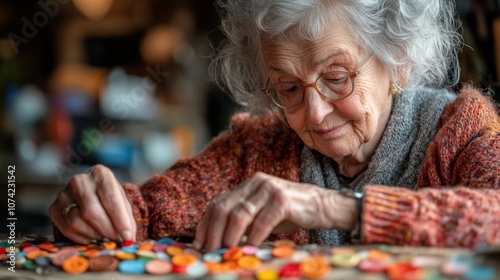 Elderly Woman Crafting Vibrant Button Jewelry in Warm Indoor Setting photo