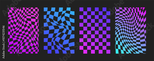 Psychedelic Checkerboard. Gradient neon groovy background. Hippie vertical backdrop. Y2k aesthetic. Retro funky vector illustration. Pattern in trendy 70s cartoon style.