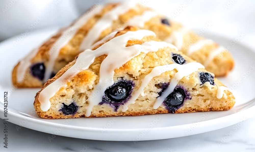 Vegan blueberry scones with coconut glaze, Generative AI