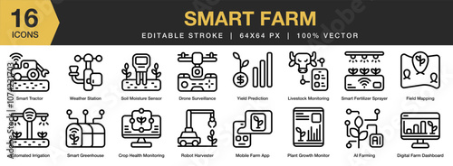 Smart Farm icon set. Editable Stroke Icon Collection. Includes automatic irrigation, health monitoring, digital farm, drone surveillance, and More. Outline icons vector collection.