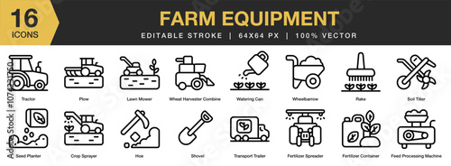 Farm Equipment icon set. Editable Stroke Icon Collection. Includes crop sprayer, machine, fertilizer, hoe, lawn mower, and More. Outline icons vector collection.