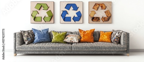 A modern living room featuring recycling art on the wall, vibrant cushions, and a stylish couch, promoting eco-friendly living. on a white background photo