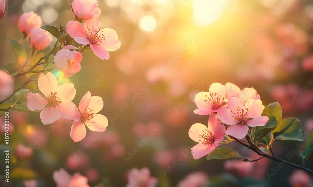 A serene scene of blooming pink flowers illuminated by soft sunlight. A serene scene of blooming pink flowers illuminated by soft sunlight.