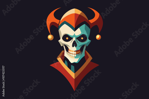 Illustration of a clown skull in a gothic style, wearing a colorful jester hat with bells on the tips.