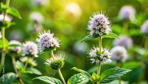 Beautiful southern Ural blooming wild mint plant reflected in water photo